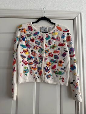 Michael Simon White Cardigan with Multicolor Beach Embroidery